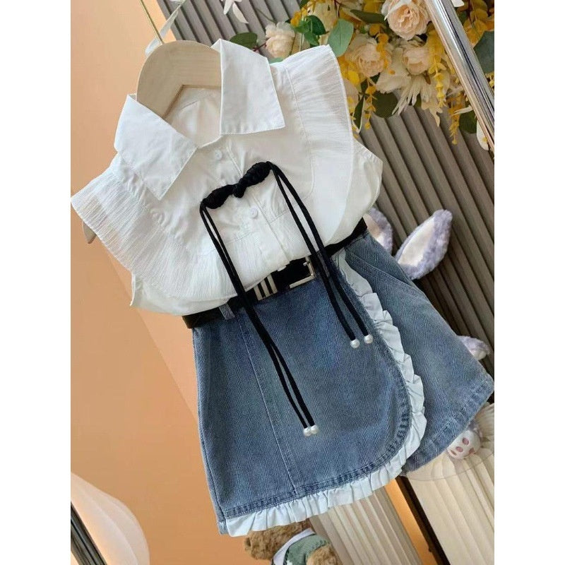 Girls' Princess Style Outfit 2024 Summer New Baby Girl Flutter Sleeve Shirt + Denim Lace Skirt Pants Two-Piece Set