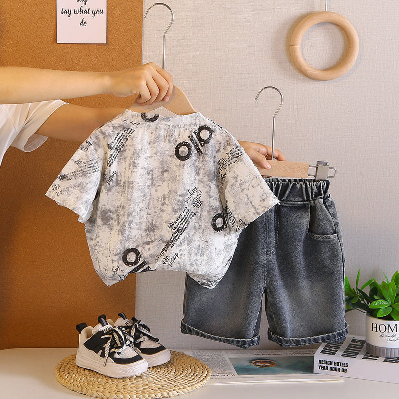 Boys' Letter Print Short Sleeve 2026 New Children's Summer Outfit Stylish Baby Korean Version Two-Piece Set Trendy