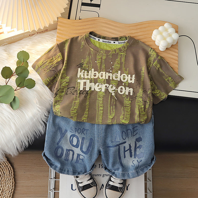 Boys' Short-Sleeve 2026 New Summer Outfit Baby Stylish Korean Version Ripped Letter Print Thin Two-Piece Trendy Set