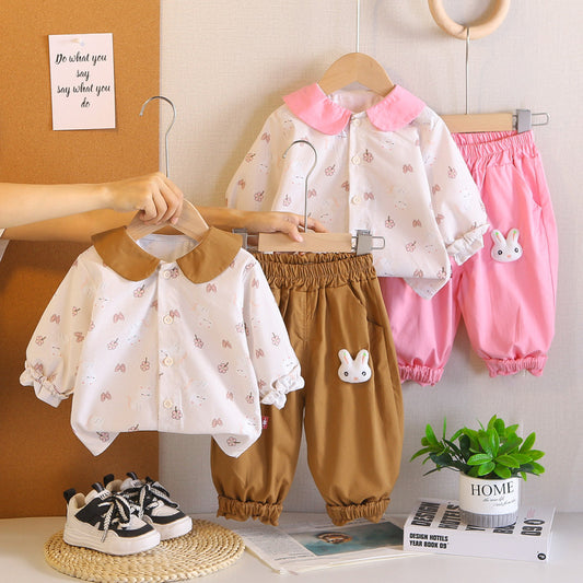 Baby Girl 2026 New Outing Floral Cat Print Turn-down Collar Two-piece Infant Long Sleeve Casual Pants Spring/Autumn Set