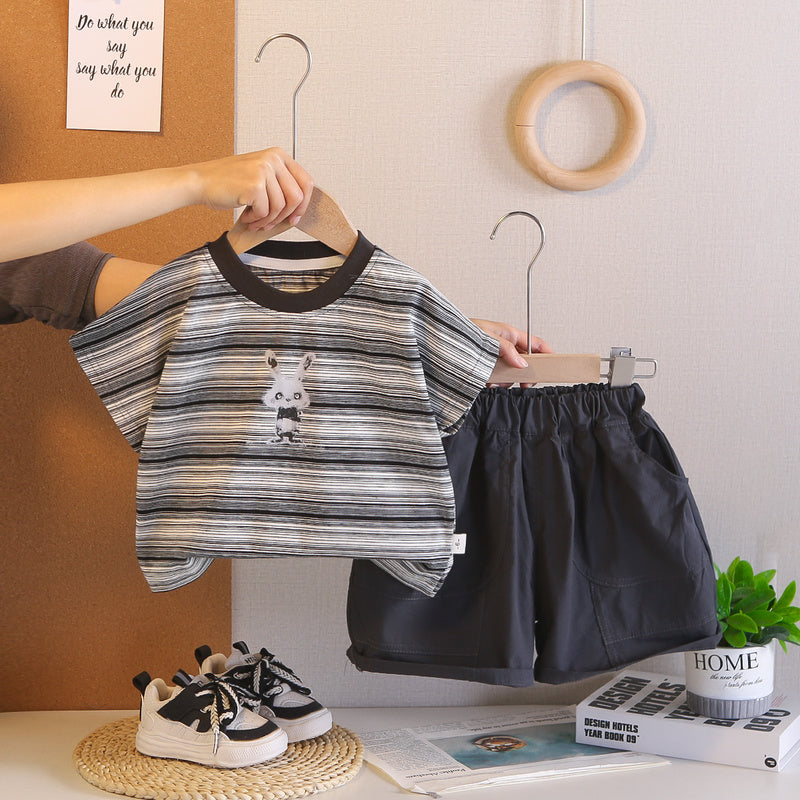 Boys' Outfit 2026 New Style Children's Striped Rabbit Short Sleeve Fashionable Baby Summer Clothes Two-Piece Set Trendy