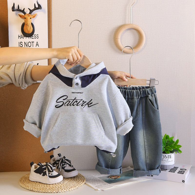 Boys' Spring English Hoodie Sweatshirt Set 2026 New Fashionable Children's Sporty Two-Piece Outfit for Little Boys