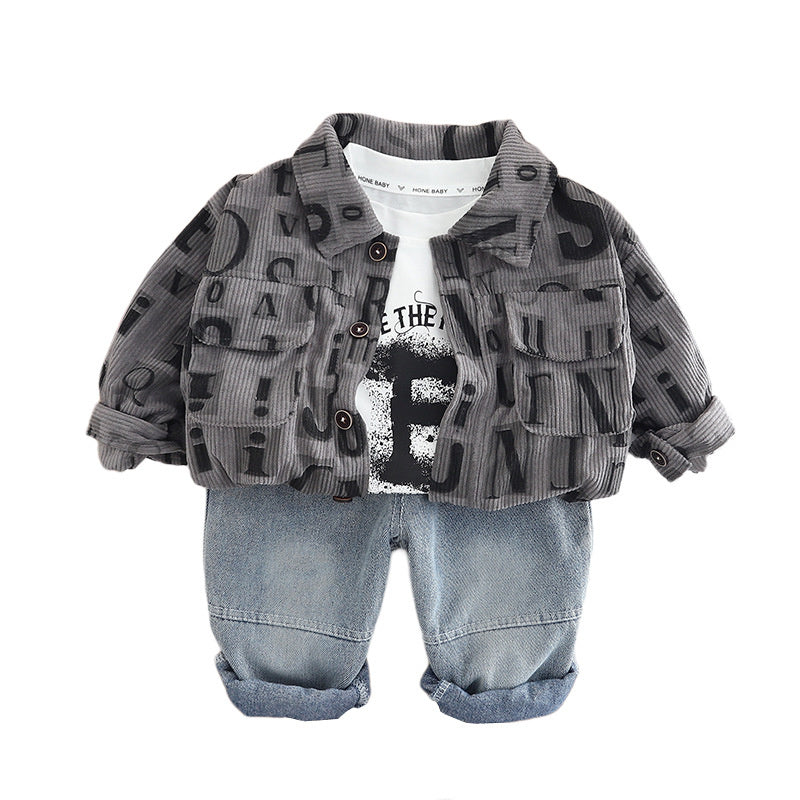 Boys' Outfit 2025 New Stylish Children's Spring and Autumn Letter Corduroy Three-Piece Set Baby Kids' Fashion