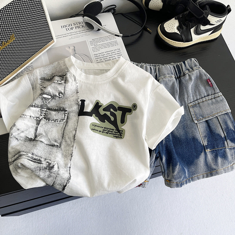 2026 Summer New Foreign Trade Style Boys' Round Neck Short Sleeve Baby Boy's Casual Denim Shorts Two-Piece Set, Dropshipping Available