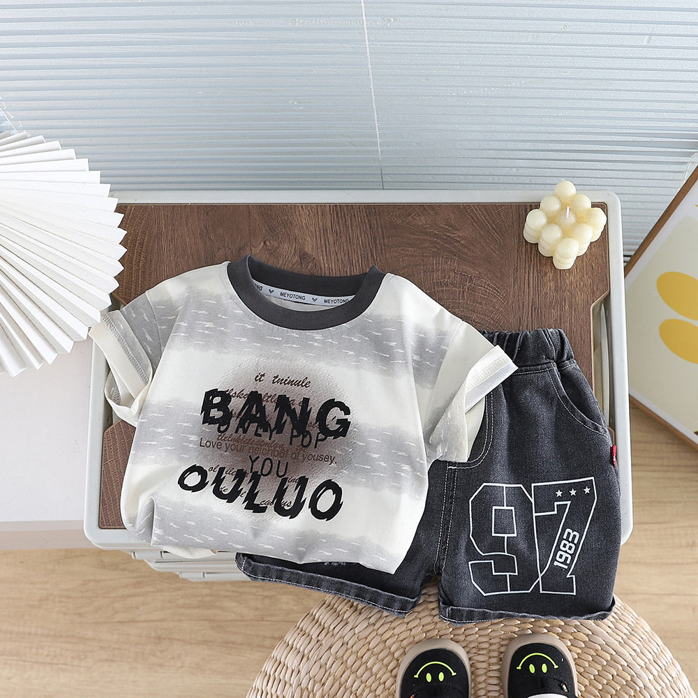 Boys' Summer Outfit 2026 New Stylish Korean Version Children's Gold-Embossed Wide-Striped Short-Sleeve Two-Piece Set Trendy Baby Clothes