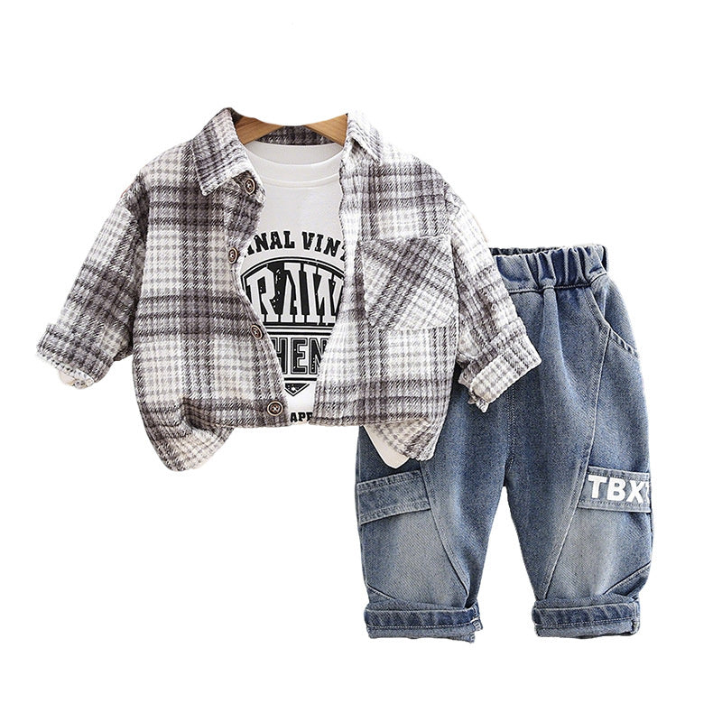 Boys' Spring Plaid Shirt Three-Piece Set for 1-2-3-5 Year Olds, Korean Style Fashionable Baby Clothing