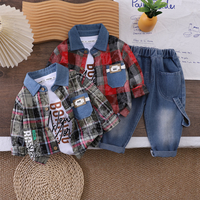 Outfit Set: Baby Plaid Shirt Three-Piece Casual Boys' Clothing Children's Spring and Autumn Set
