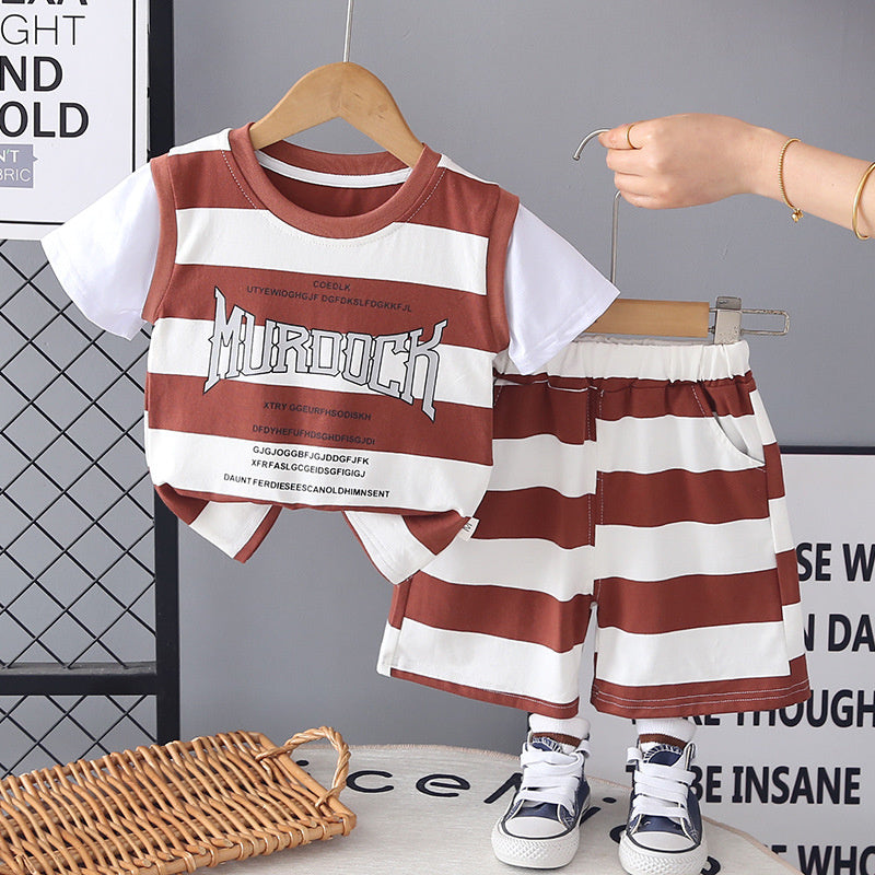 Boys' Outfit: Wide-Striped Letter Print Short-Sleeve Two-Piece Set, 2026 New Fashionable Baby Summer Thin Clothing Trend