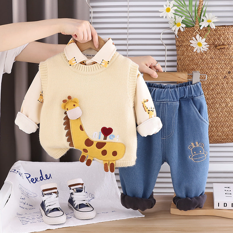 Baby Boy Thickened Giraffe Vest Three-Piece Set 2025 New Infant Children Autumn Winter Warm Clothing