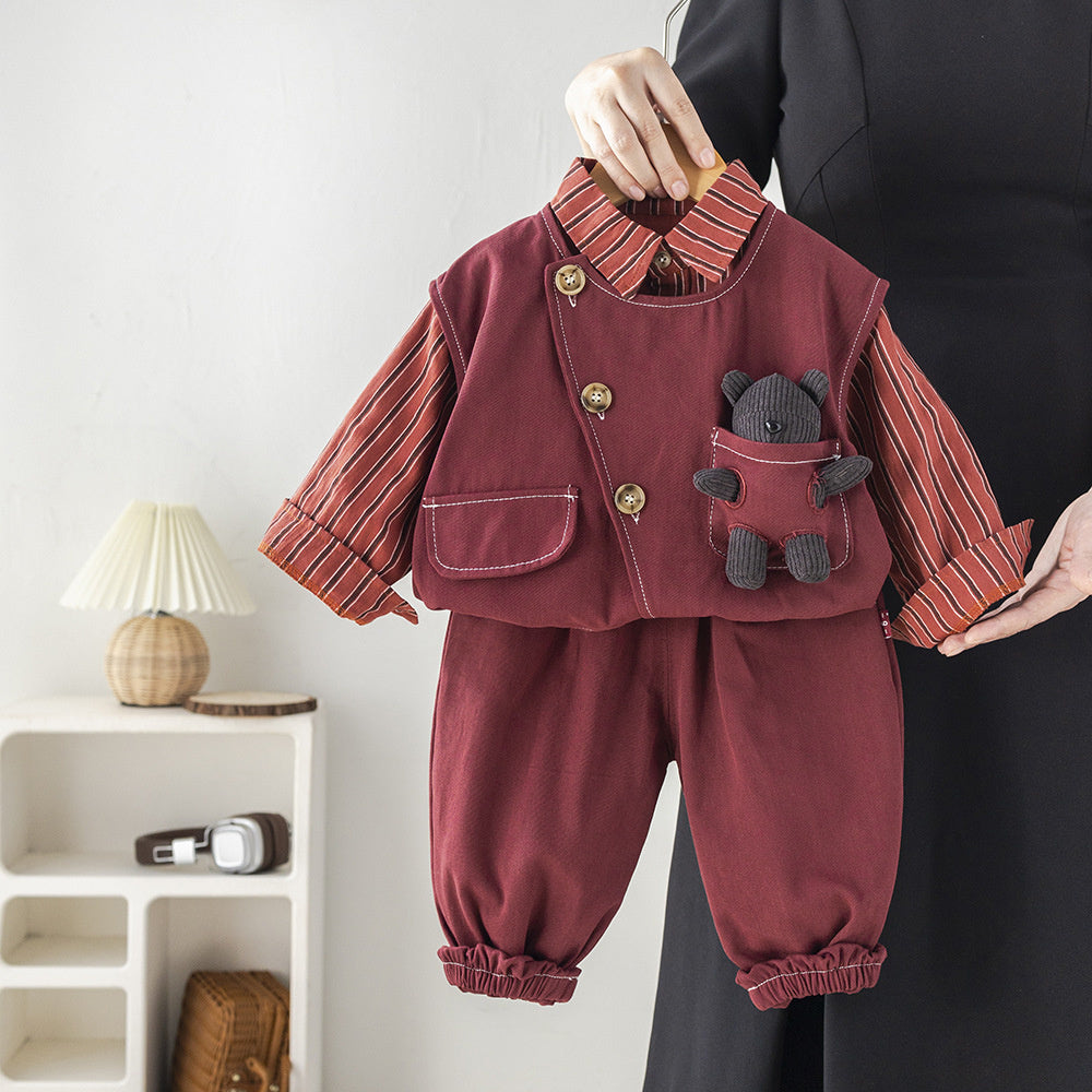 Baby Boy and Autumn Outfit 2025 New Spring 3D Bear Striped Shirt Vest Three-Piece Set Children's Clothing
