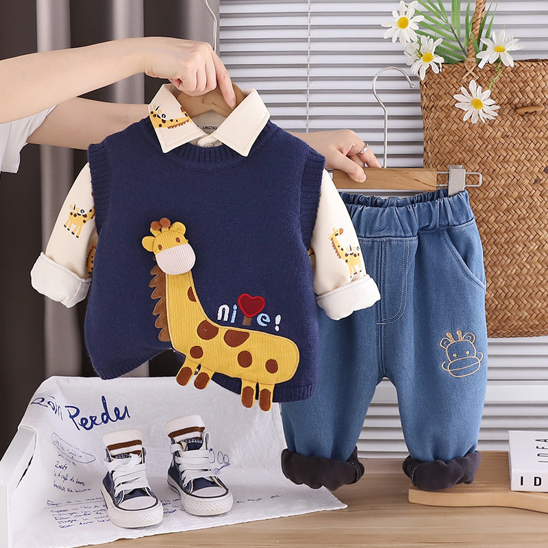 Baby Boy Thickened Giraffe Vest Three-Piece Set 2025 New Infant Children Autumn Winter Warm Clothing