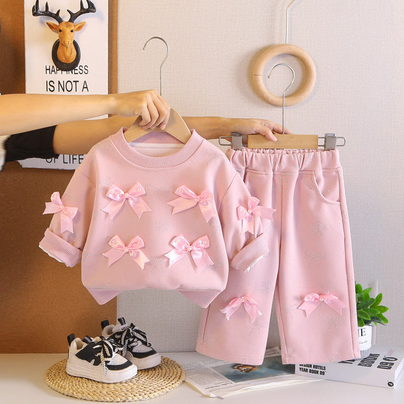 Outfit Set 2026 New Cartoon Style with Many Bows Sweatshirt Spring and Autumn Girls' Clothing Wholesale