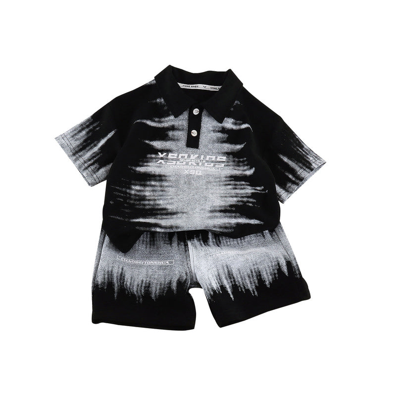 Boys' Outfit Short Sleeve, 2026 New Fashionable Baby Children's Lapel Tie-Dye Letter Two-Piece Set, Summer Trendy