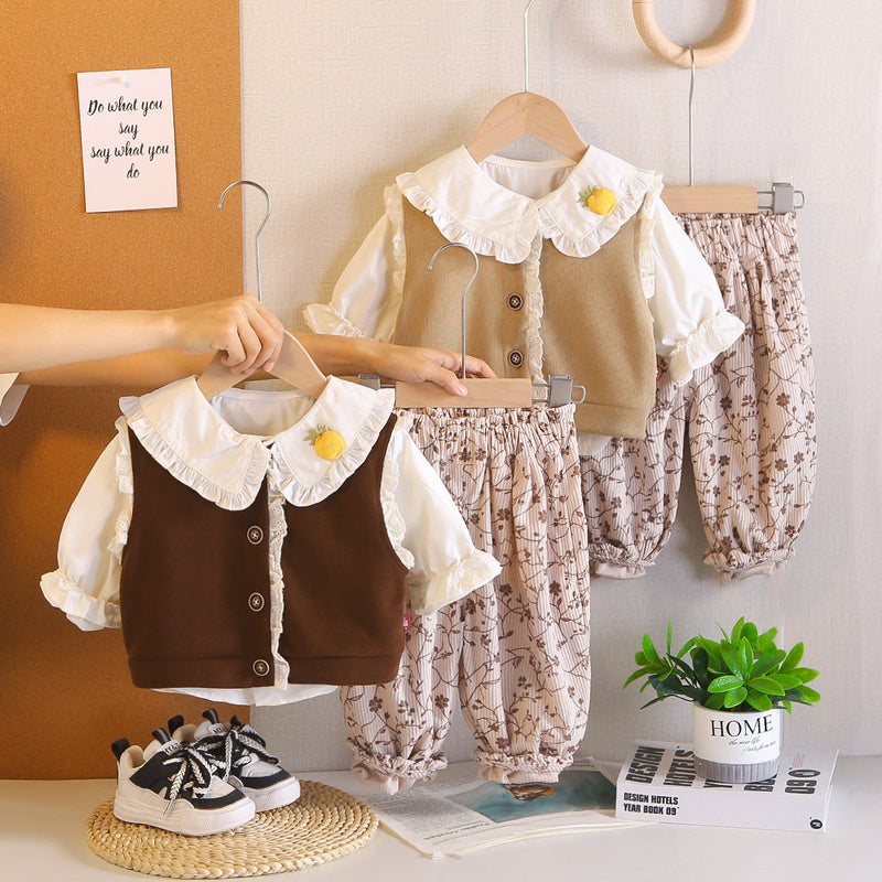 Girls' stylish and autumn lace vest three-piece set, 2026 new Korean style outfit girls, spring fashion for toddlers
