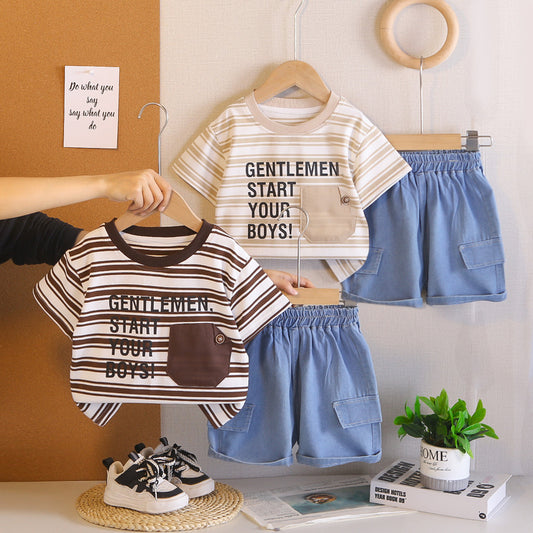 Boy's Summer Stylish Outfit 2026 New Baby Striped Faux Pocket Short Sleeve Casual Two-Piece Set Trendy