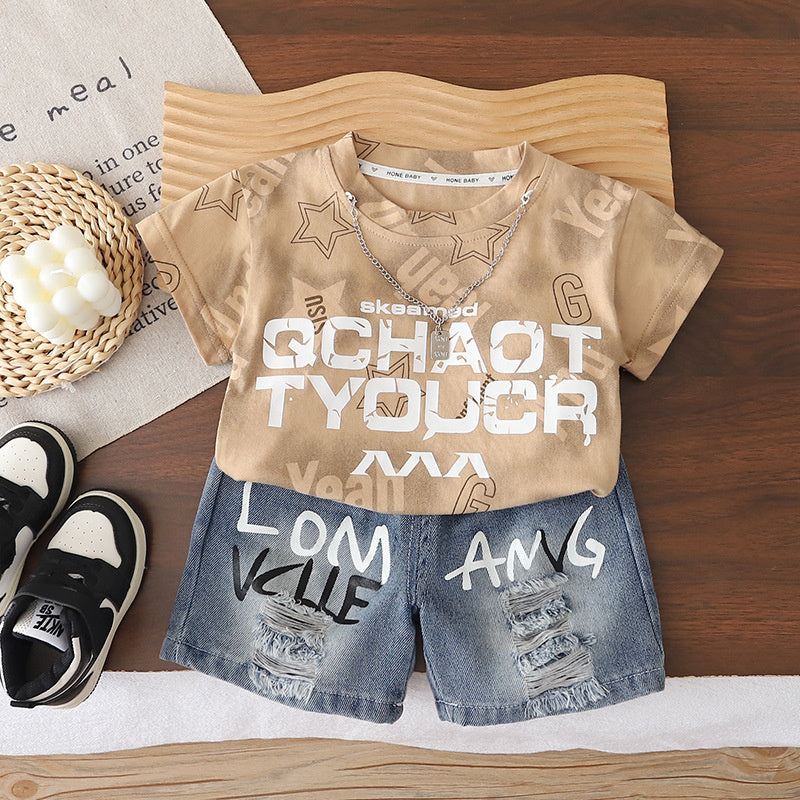 Boys' Short-Sleeve Two-Piece Set 2026 New Fashionable Baby Summer Outfit Casual Letter Print Clothes Trendy Stylish Suit