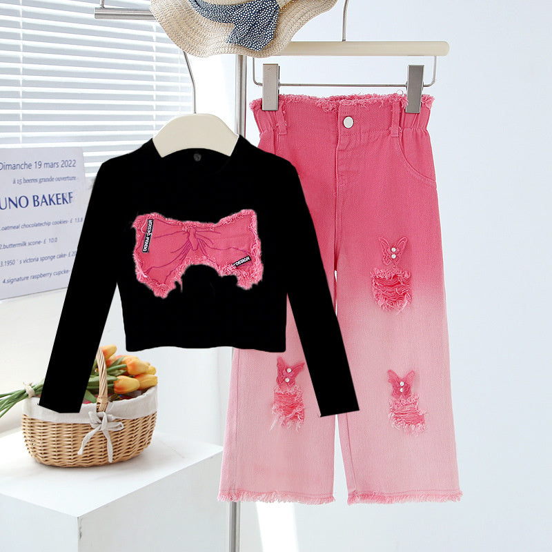 Outfit 2025 Children's Sleeveless Ripped Jeans Two-Piece Set for Big Girls Summer Fashion
