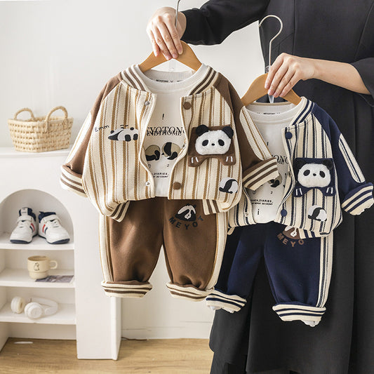 Wuxiaoqi Children's Clothing 2025 Spring and Autumn New Style 0-4 Years Old Boys Vertical Striped Panda Baseball Uniform Long T-shirt Pants Set