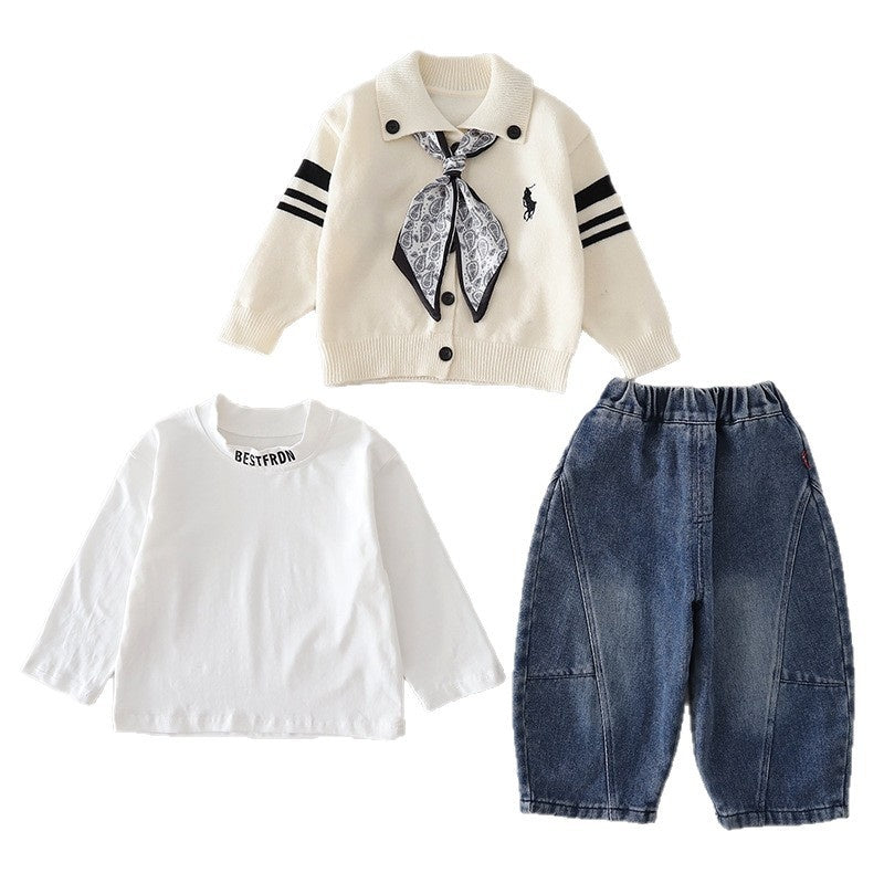 Baby boy outfit stylish clothing spring and autumn handsome infant children's wear silk scarf cardigan sweater three-piece set