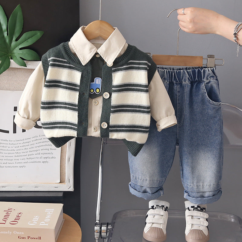 Children's striped sweater, vest, cardigan 2026 new stylish three-piece set for boys, baby spring and autumn clothing wholesale