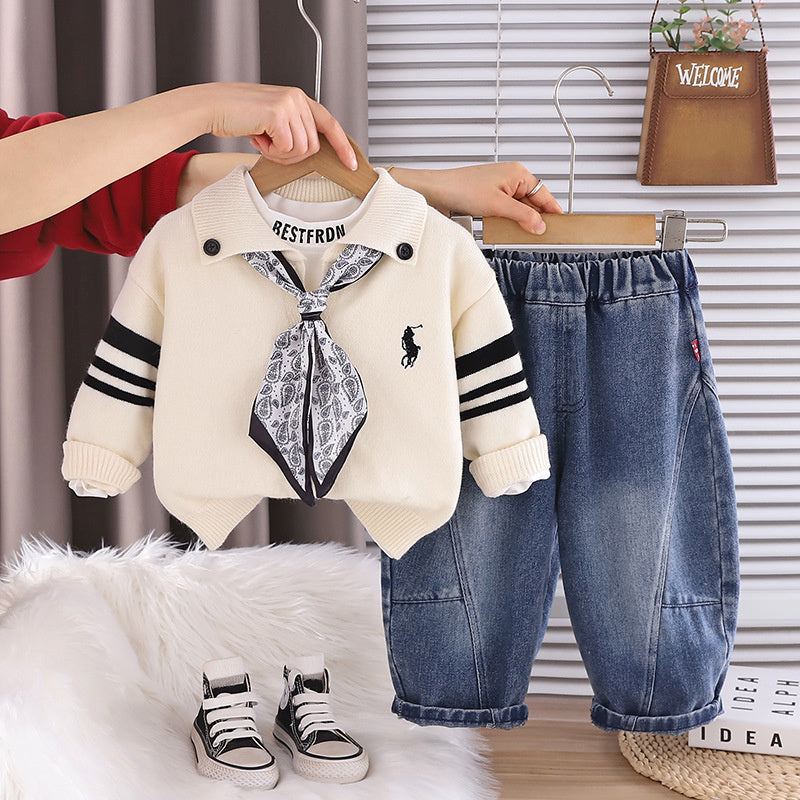 Baby boy outfit stylish clothing spring and autumn handsome infant children's wear silk scarf cardigan sweater three-piece set