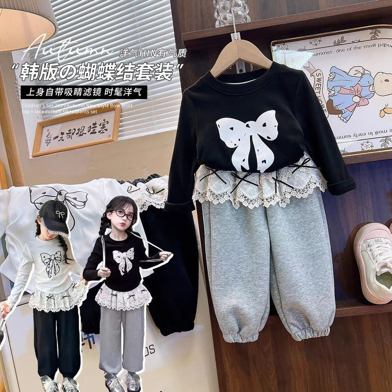 Girls' 2025 Autumn New Children's Clothing Set: Bowknot Long Sleeve Top and Lace Patchwork Sweatpants Two-Piece Set