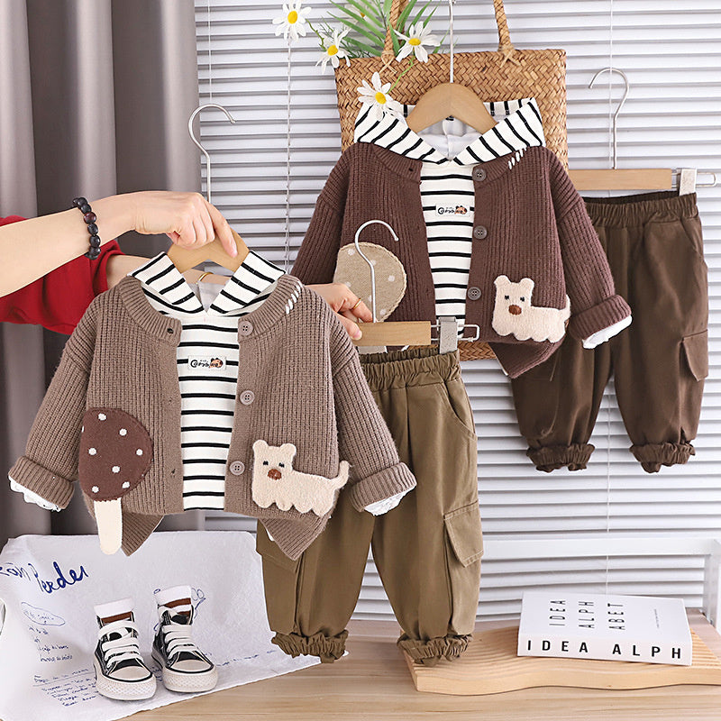 Boys' Outfit 2026 New Fashionable Patchwork Puppy Long Sleeve Sweater Three-Piece Set Baby, Stylish and Trendy for Spring
