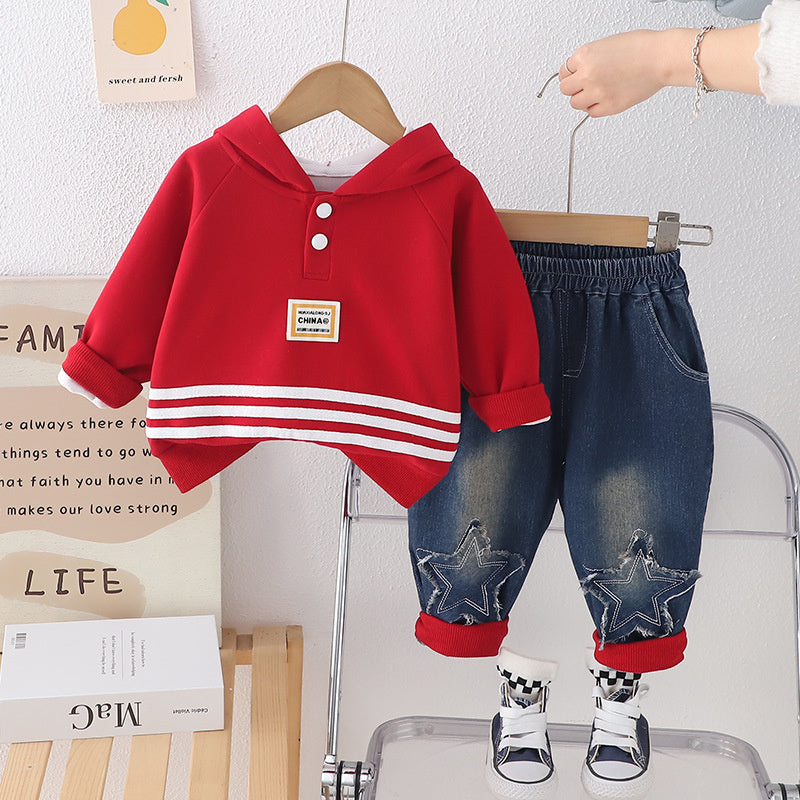 Korean Style Boys' Sweatshirt and Autumn Baby Spring Fashionable Clothes Infant Children's Clothing Horn Zipper Two-Piece Set