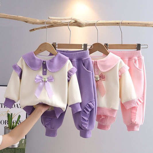 Baby Fleece-Lined Bunny Bowknot Sweatshirt for Girls, 2025 New Autumn/Winter Thickened Infant Two-Piece Set