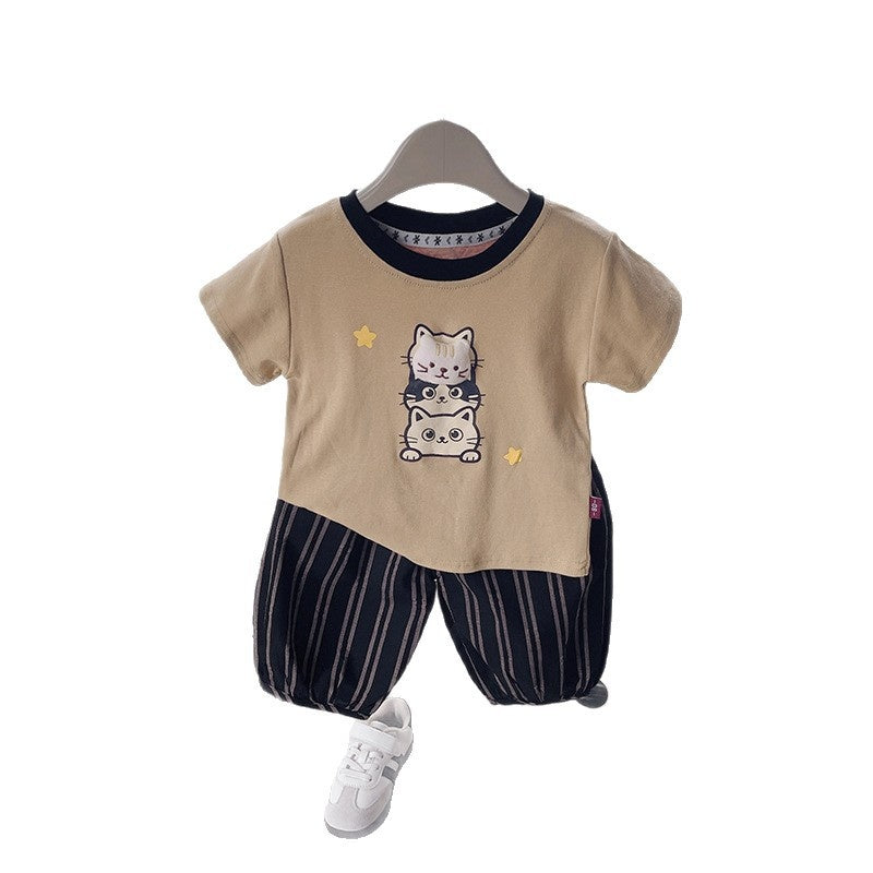 Boys' Summer Outfit Cartoon Kitten Short Sleeve 2026 New Fashionable Children's Baby Striped Shorts Two-Piece Set Trendy
