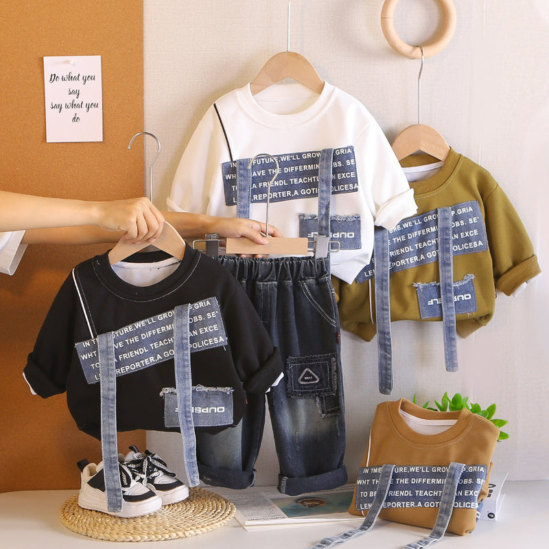 Boys' Outfit, Toddler Baby Spring and Autumn Two-Piece Set, 2026 New Patchwork Sweatshirt, Clothes for Children Aged 1-3 Years