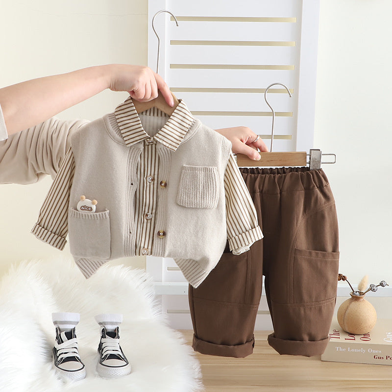 Boys' Suit and Autumn 2025 New Children's Spring Pocket Bear Sweater Vest Three-Piece Set Baby Clothing