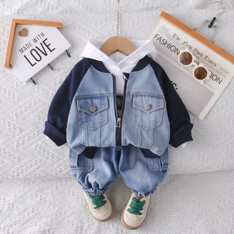 Boys' Autumn Outfit 2025 New Children's Spring-Autumn Denim Color-Block Double-Pocket Three-Piece Set for Toddlers 1-3 Years Old