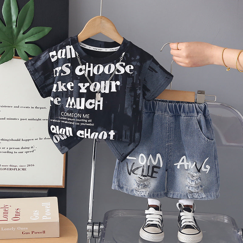 Boys' Outfit 2026 New Style: Toddler Summer Tie-Dye Letter Print Short Sleeve Shorts Two-Piece Set, Stylish and Trendy for Babies