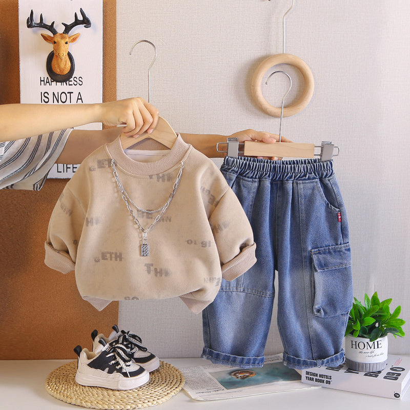 Boys' Spring Autumn Outfit 2026 New Style Baby Casual Round Neck Necklace Sweatshirt and Pants Two-Piece Set for 1-3-5 Years Old Trendy