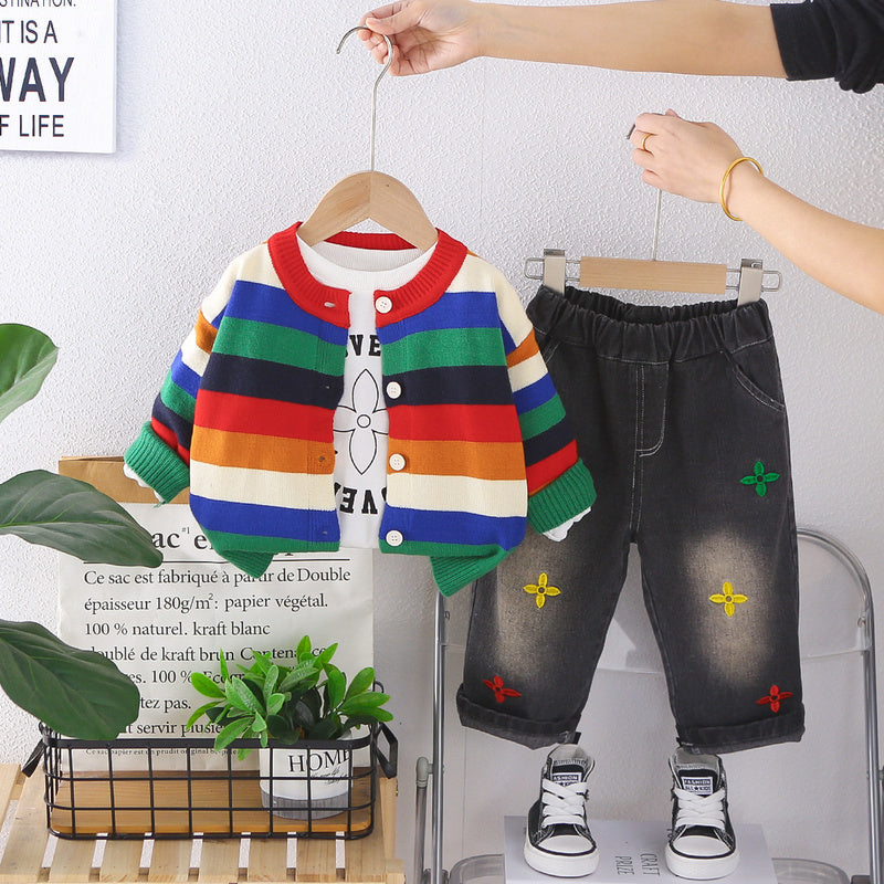 Boys' Spring Outfit 2026 New Fashionable Baby Spring/Autumn Stylish Rainbow Sweater Cardigan Three-Piece Trendy Set