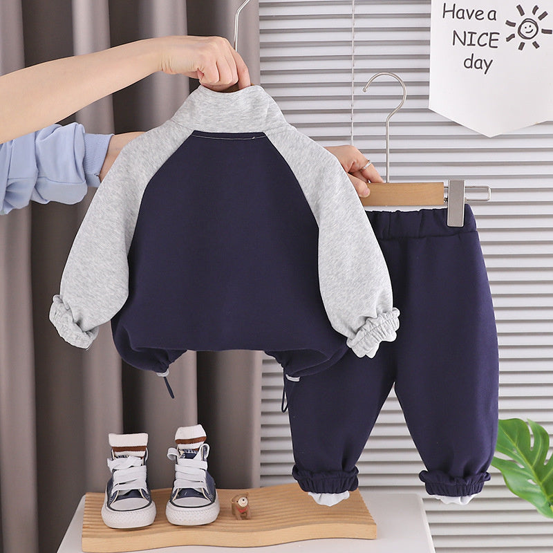Boys' Patchwork Half-Zip Sweatshirt Set, Stylish New Spring Autumn Two-Piece Outfit for Toddlers and Children