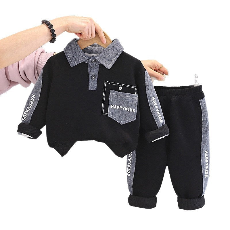 Boys' Suit Spring and Autumn 2026 New Denim Pocket Sweatshirt Toddler Long Sleeve Baby Korean Style Two-Piece Set Trendy