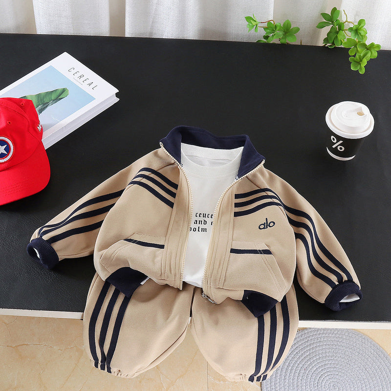 Boys' Vertical Stripe Sports Suit 2026 New Fashionable Children's Baby Clothes for One-Year-Old Boys Spring and Autumn Style