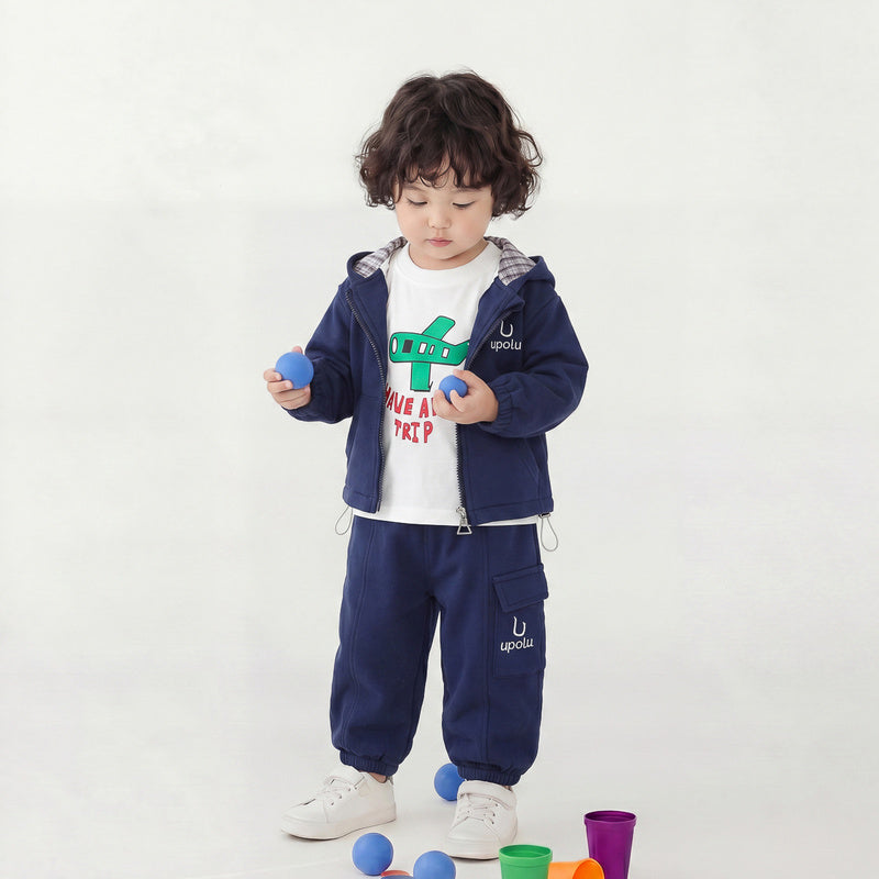 Boys' Outfit 2026 New Fashionable Children's Clothing Spring and Autumn Cartoon Airplane Three-Piece Set