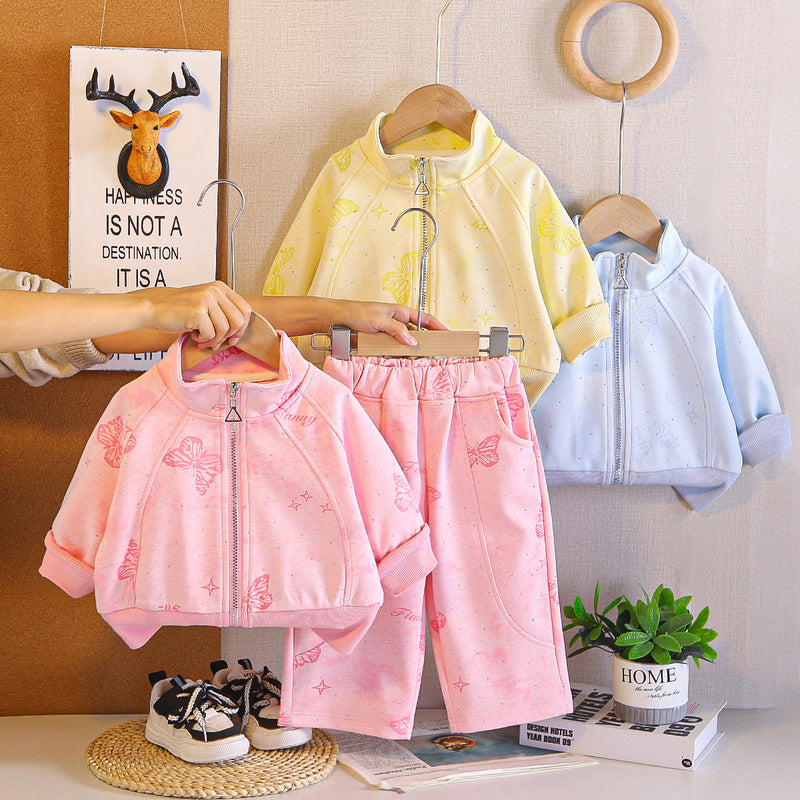 Girls' Spring Outfit 2026 New Fashionable Children's Clothing, Kids' Rhinestone Butterfly Coat, Stylish Two-Piece Set for Baby Girls