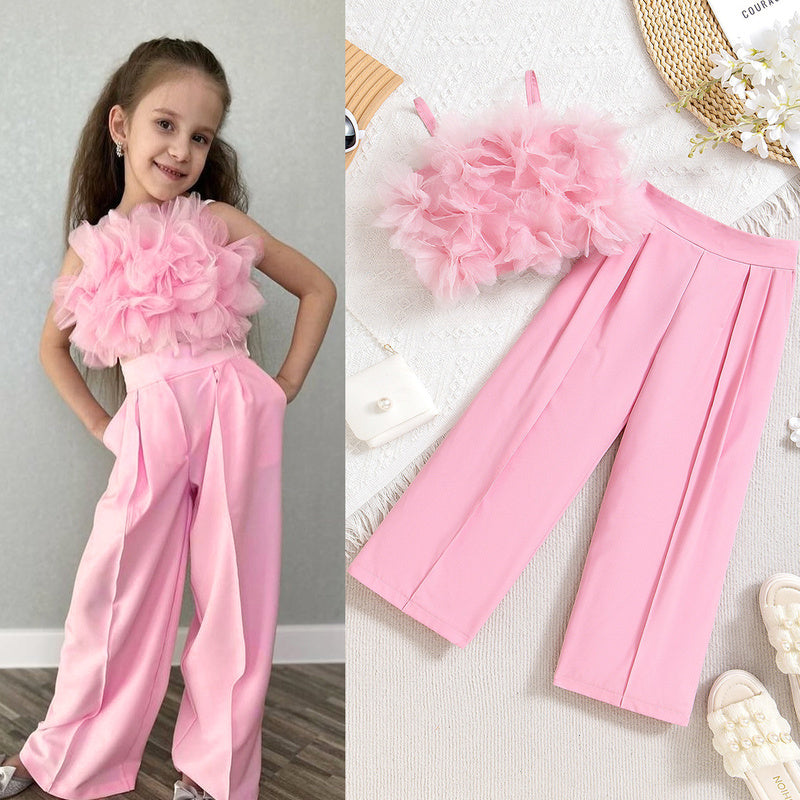 2024 European American Fashion Summer Girls' Outfit: Toddler Young Girl's Two-Piece Set with Floral Mesh Camisole and Trousers