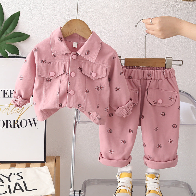 2026 New Fashionable Spring Outfit 1-3-6 Years Old, Full Floral Print Long Sleeve Two-Piece Set for Baby Girls