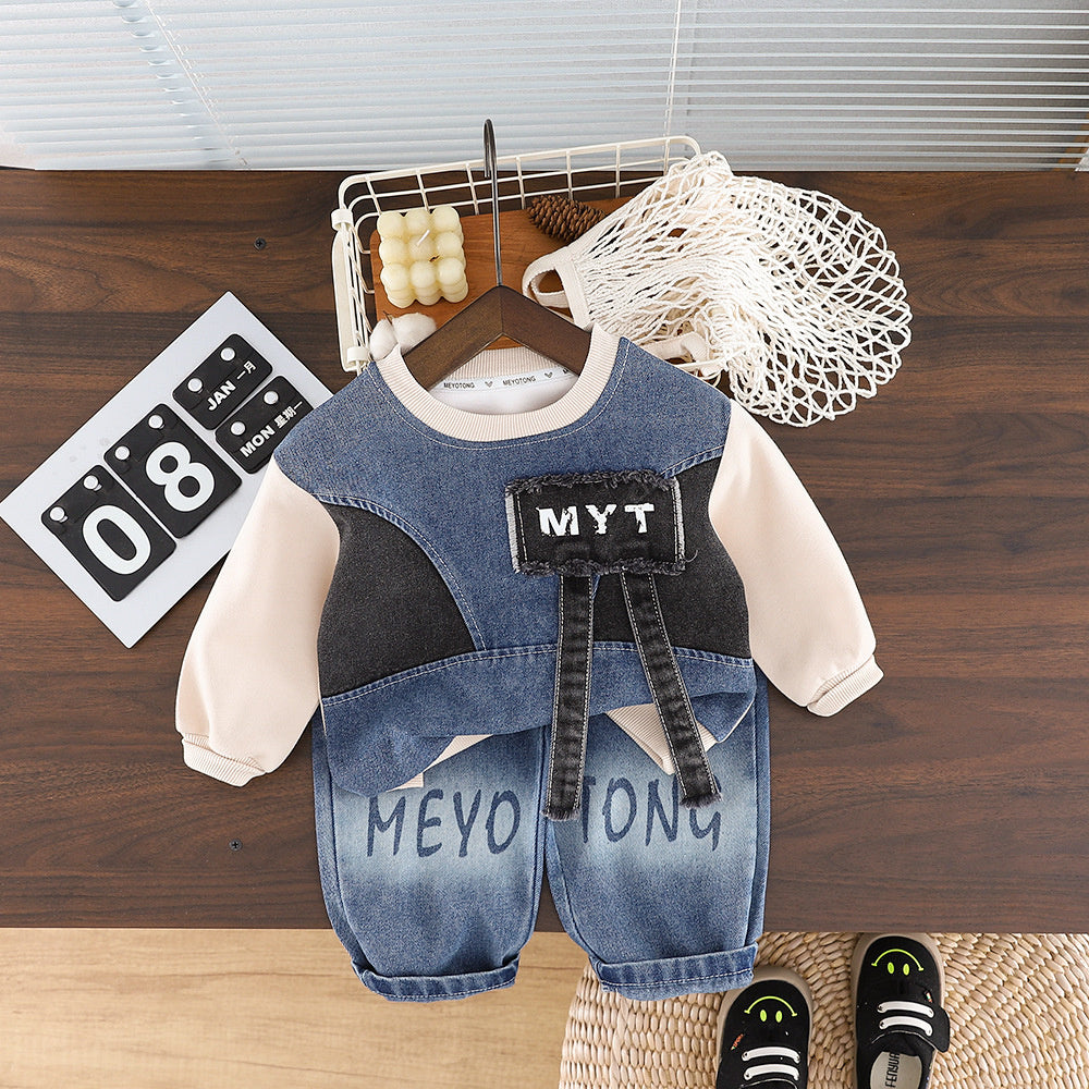 Boys' Outfit 2026 New Spring Autumn Clothes for Infants and Children, Denim Patchwork Round Neck Shirt Two-Piece Trendy Set