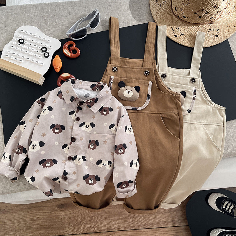 Boys' Outfit 2026 New Children's Spring Autumn Full-Print Puppy Shirt and Overalls Two-Piece Set for Trendy Babies