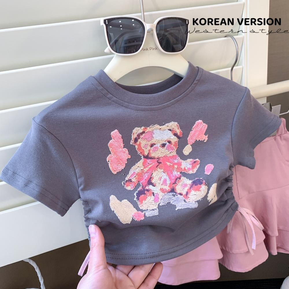 cute girls' t-shirt set, new summer drawstring top, Korean-style sweet and spicy two-piece skirt set