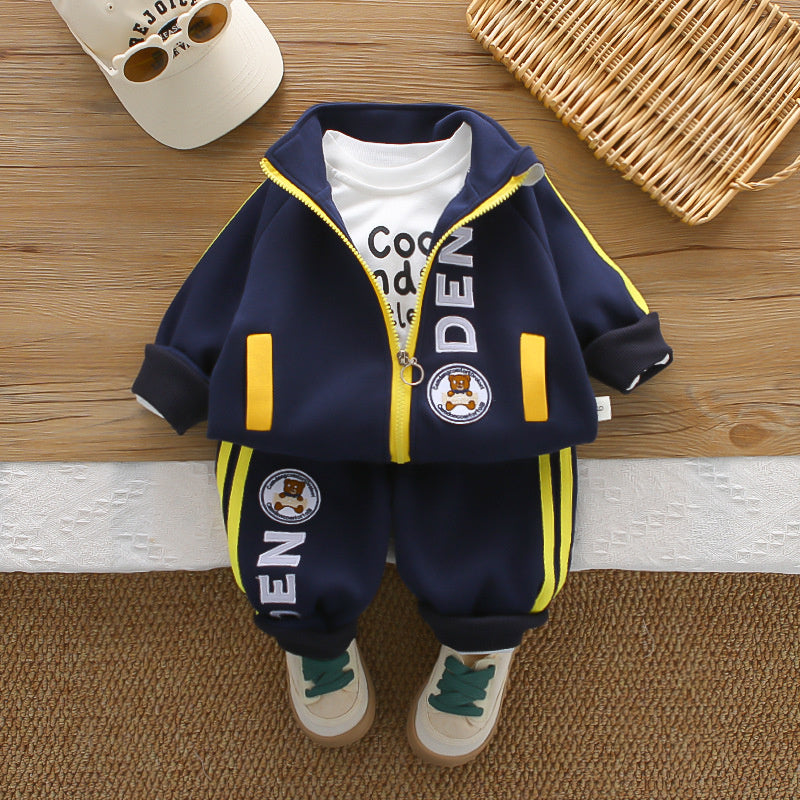 Boys' Outfit: Stylish Round-Logo Bear Three-Piece Set, Fashionable and Trendy Baby Spring Clothes for Toddlers