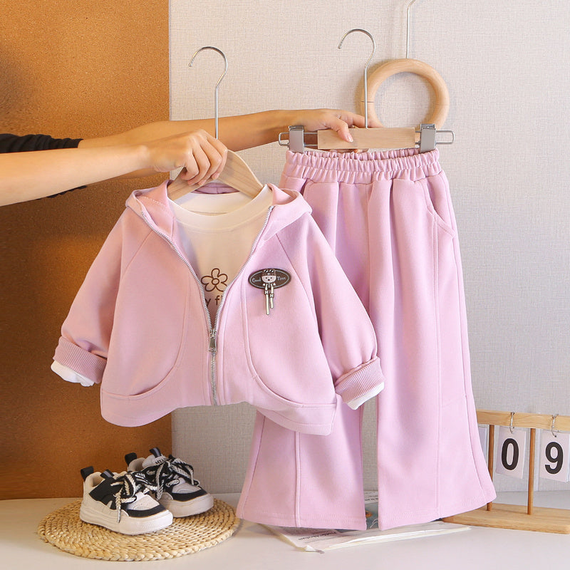 Girls' and Autumn Zipper Hoodie Three-Piece Set Infant Casual Outfit 1-4 Years Old Baby Spring Clothes Stylish for Babies