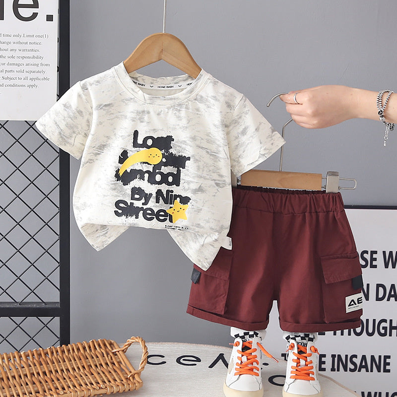Boys' Letter Embroidered Short Sleeve Summer 2026 New Baby Round Neck Clothes Infant Children's Two-Piece Set