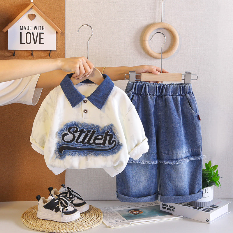 Boys' outfit stylish patch denim letter polo two-piece set, fashionable and handsome for toddlers in autumn